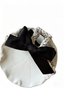 Black Bow Claw Clip with Floral Wrapped Handle, Elegant Satin Bow Shark Clip for Women