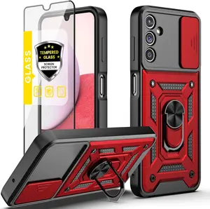 Phone Case for Samsung A14 5G Case, Galaxy A14 5G Case with Stand Kickstand Ring and Camera Cover with Tempered Glass Screen Protector, Military Grade Shockproof Protective Cover for A14 5G(TC-Red)