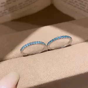 Blue CZ Eternity Band Ring, Silver Plated Thin Stackable Ring, Minimalist Pave Crystal Wedding Band for Women, Delicate Everyday Jewelry