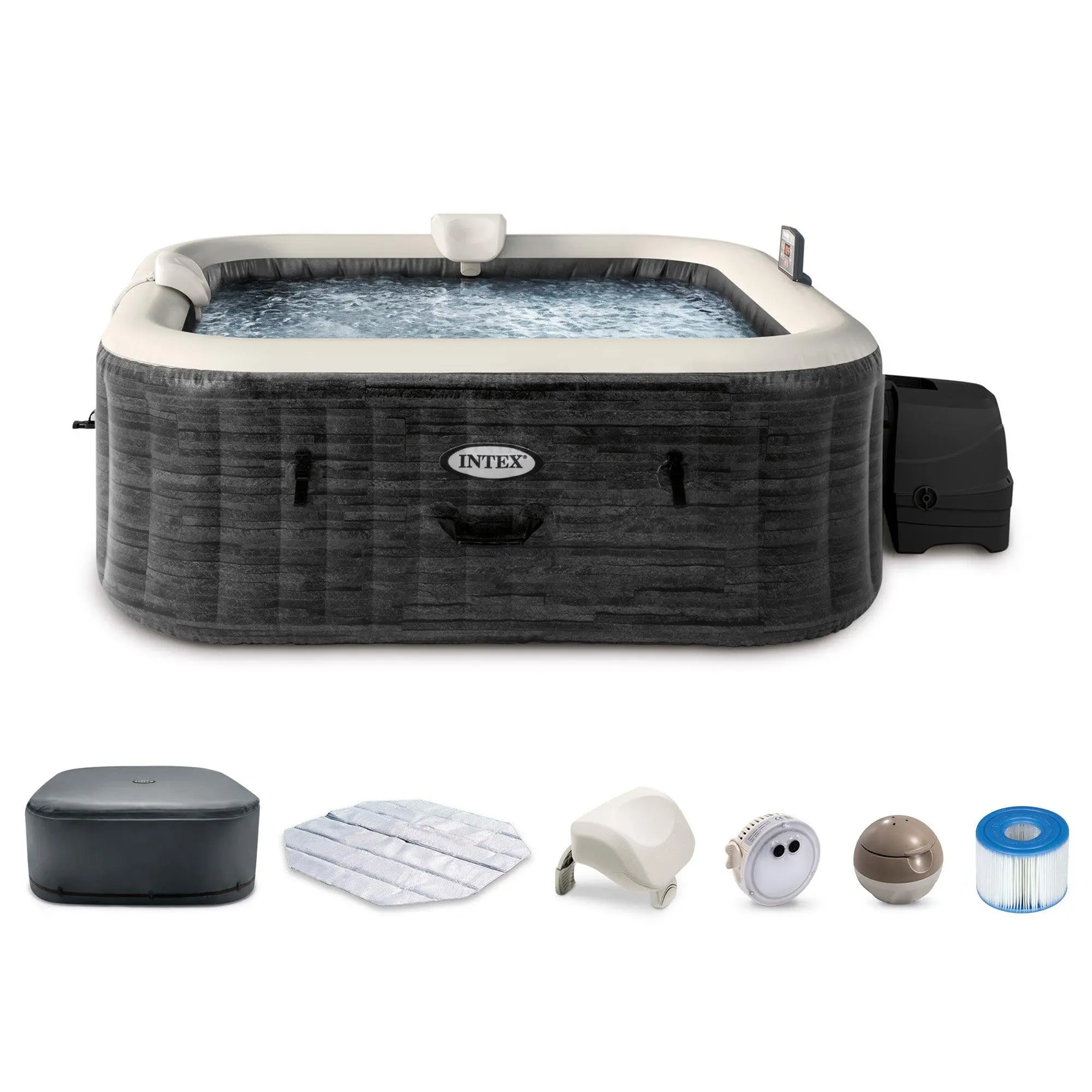 Intex PureSpa Plus Greystone 6 Person Inflatable Square Hot Tub w/ 170 AirJets Intex PureSpa Plus Greystone 6 Person Inflatable Square Hot Tub w/ 170 AirJets
