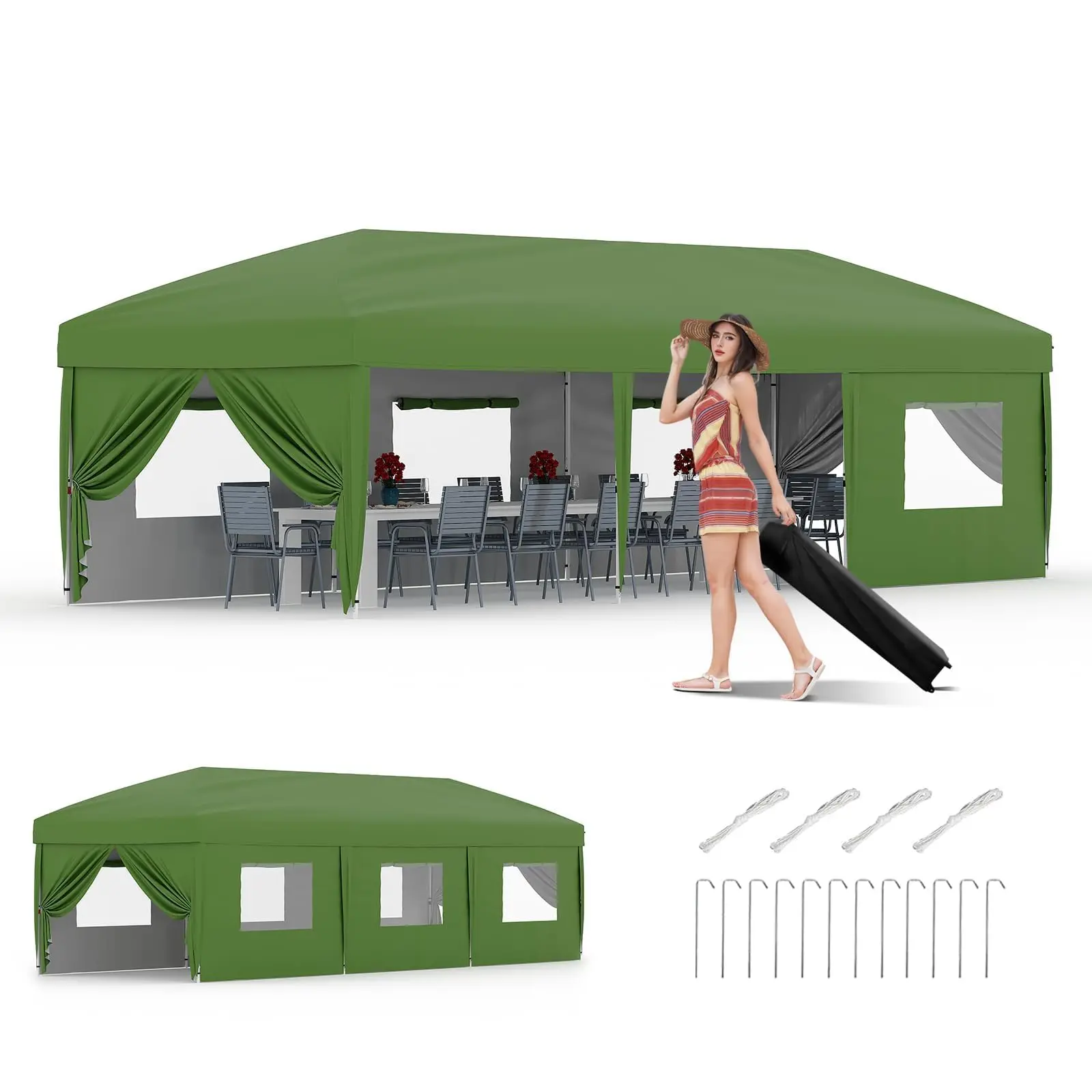 Garvee 10x30 Pop Up Canopy - Heavy Duty Outdoor Canopy Tent with Portable Roller Bag - 3 Adjustable Height, 4 Weight Bags, 8 Stakes & 6 Guy Ropes Included, Green