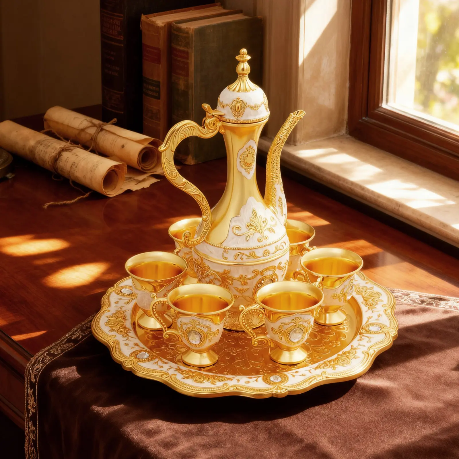 6 Piece Turkish Tea Set, Gold White Antique Teapot with 6 Cups and Tray, 250ml Zinc Alloy Tea Service for Home Office, 24.5cm Tray