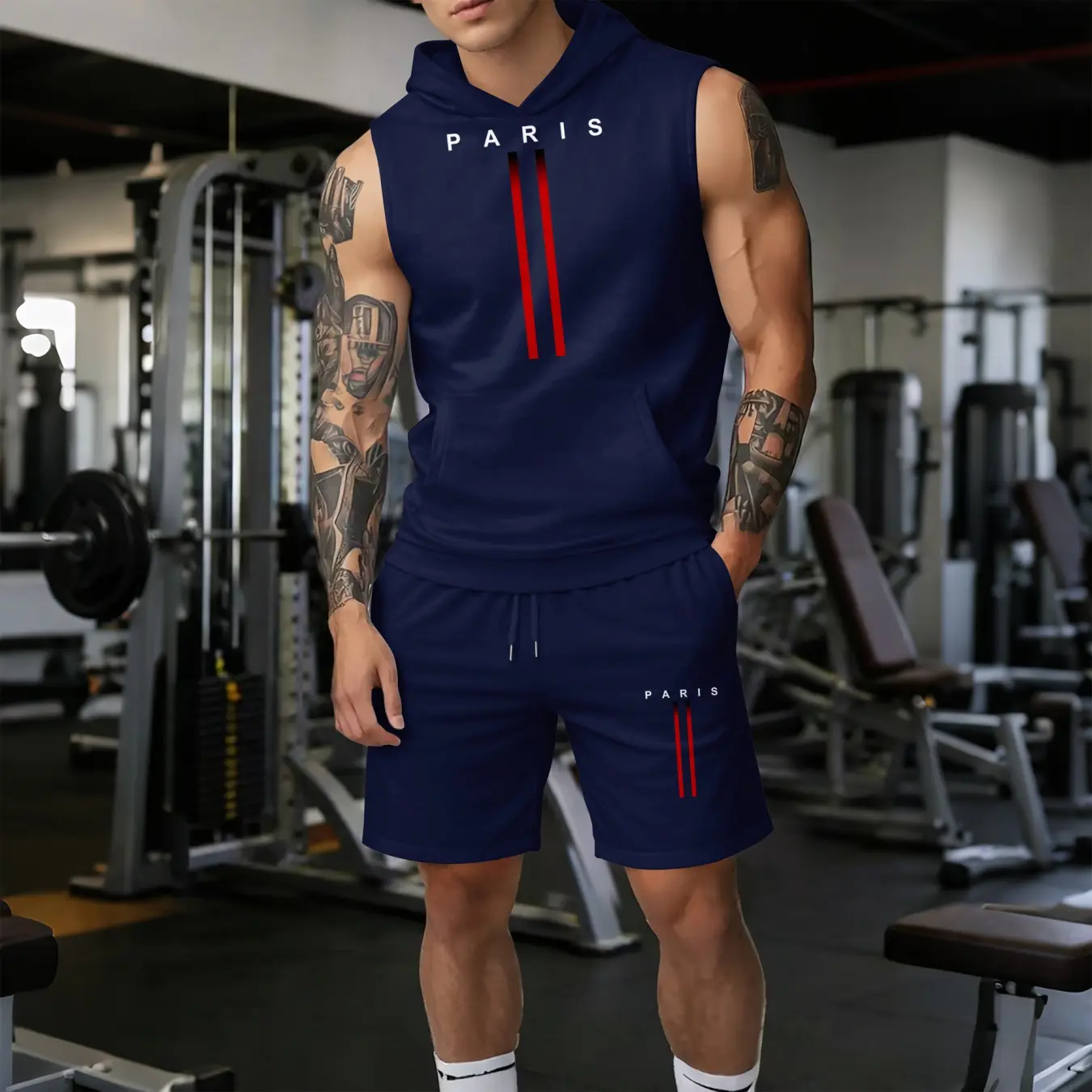 Men’s Paris Sleeveless Hoodie & Shorts Set – Lightweight Breathable Two Piece Athletic Outfit, Casual Streetwear Tracksuit, Drawstring Shorts, Gym Workout Fitness Set for Running, Training, Summer Daily Wear