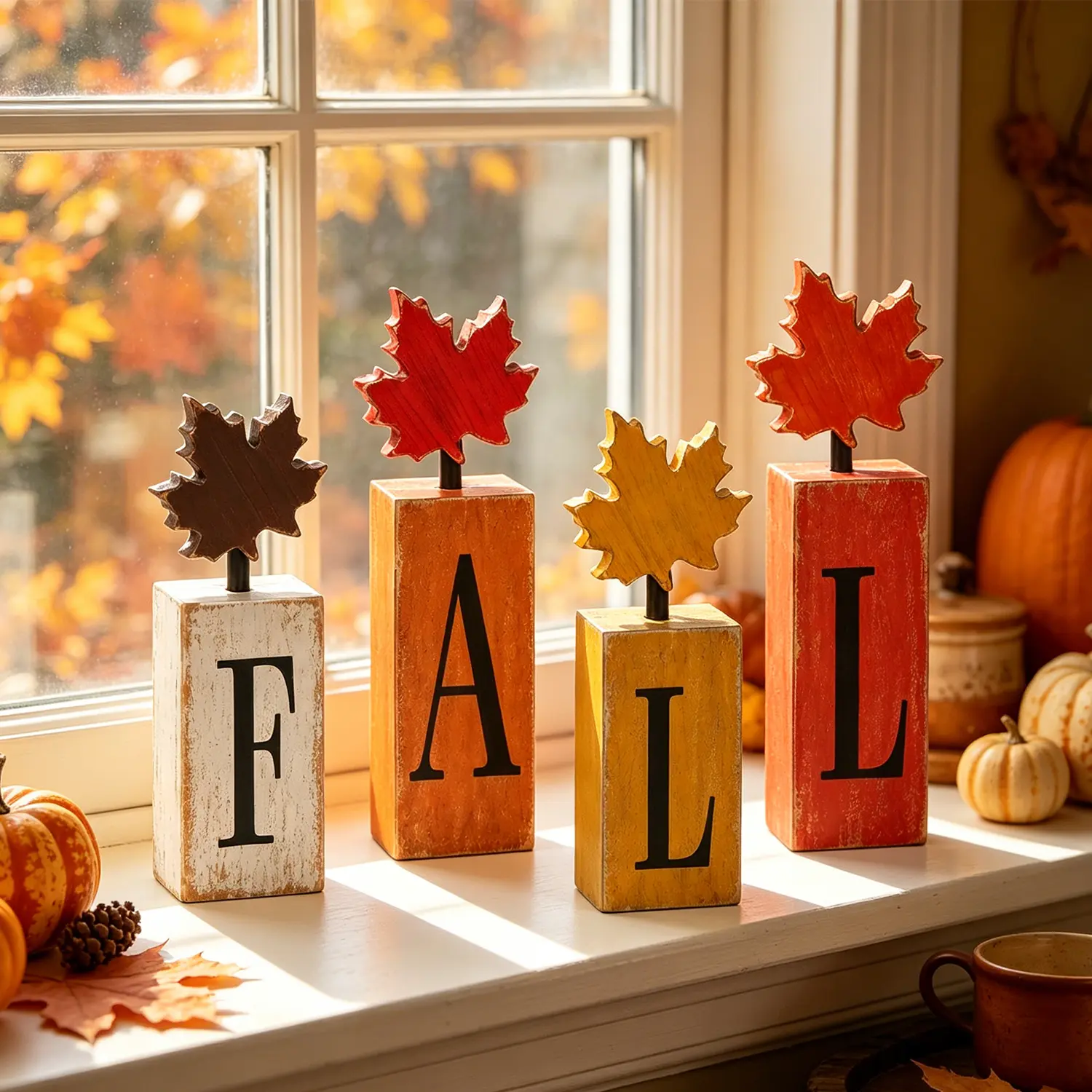 4-Piece Farmhouse Wooden Autumn Letter Block Decor Set with Leaf Elements, Vintage Thanksgiving Harvest Decor, Suitable for Home Desktops, Fireplace Mantels, Great as Gifts, Letter Blocks