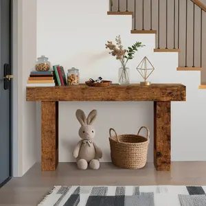 OUTGOODS 63 in Farmhouse Console Table with Storage Shelf, Rustic Wood Finish Sofa Table for Entryway, Hallway, Sturdy MDF Construction, Tool-Free Setup, Multi-Purpose End Tables, Non-Scratch End Tables