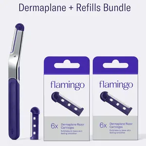 Flamingo Dermaplane Razor & Refills Starter Set, 1 Handle + 14 Blade Refills Stainless Steel Facial Kit - Gentle Hair Removal Skincare
