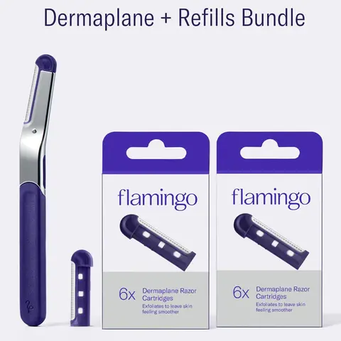 Flamingo Dermaplane Razor & Refills Starter Set, 1 Handle + 14 Blade Refills Stainless Steel Facial Kit - Gentle Hair Removal Skincare
