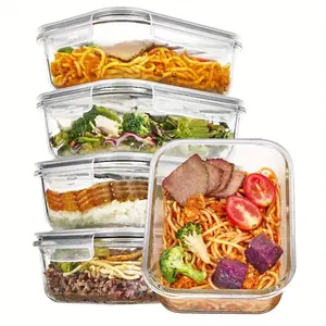 5-piece glass food containers with instant-seal lids. Microwave, oven, fridge, dishwasher safe, leak-proof. Stackable for meal prep, catering, home. Ideal for busy professionals and families