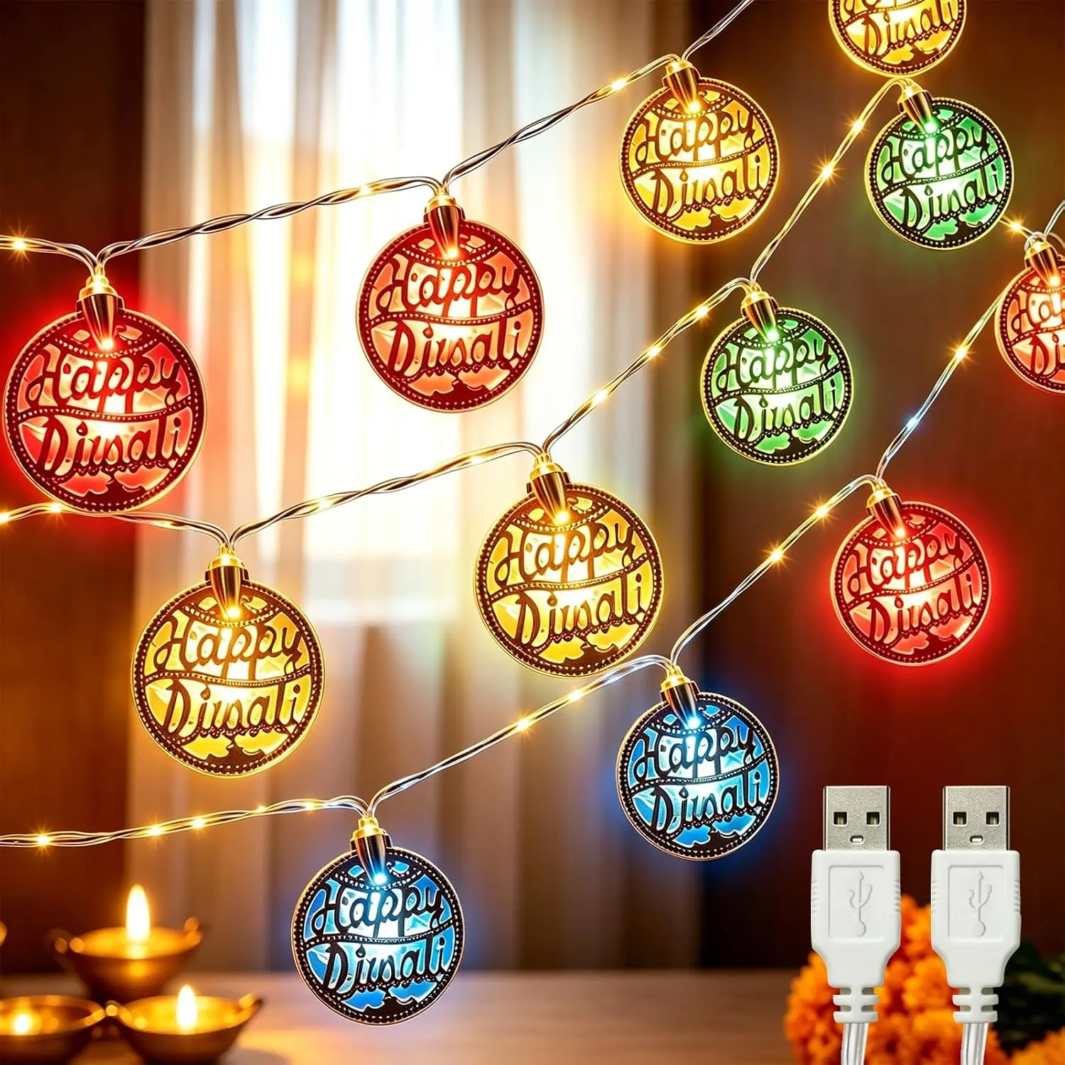 Happy Diwali String Lights Multicolor, 2 Pack 10.4FT Diwali Decoration | USB Powered 20 LED Gold Metal Cutout Diwali Light Gifts Indian Festival Party Altar Puja Room Mandir Wedding Backdrop Decor