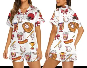 Women's Satin Pajama Set – Baseball Print Sleepwear, Hotdog & Popcorn Loungewear