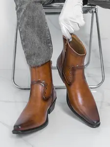 Men's Vintage Rivet Short Boots, Unique Design Side Zip Pointed Toe Western Style, Fashionable Men's Shoes, Casual Wear