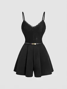 1 piece Women's Spring Summer Lace Spliced Cami Playsuit Fitted V Neck Sleeveless Jumpsuit with Belt, Chic Fashion for Casual Outings