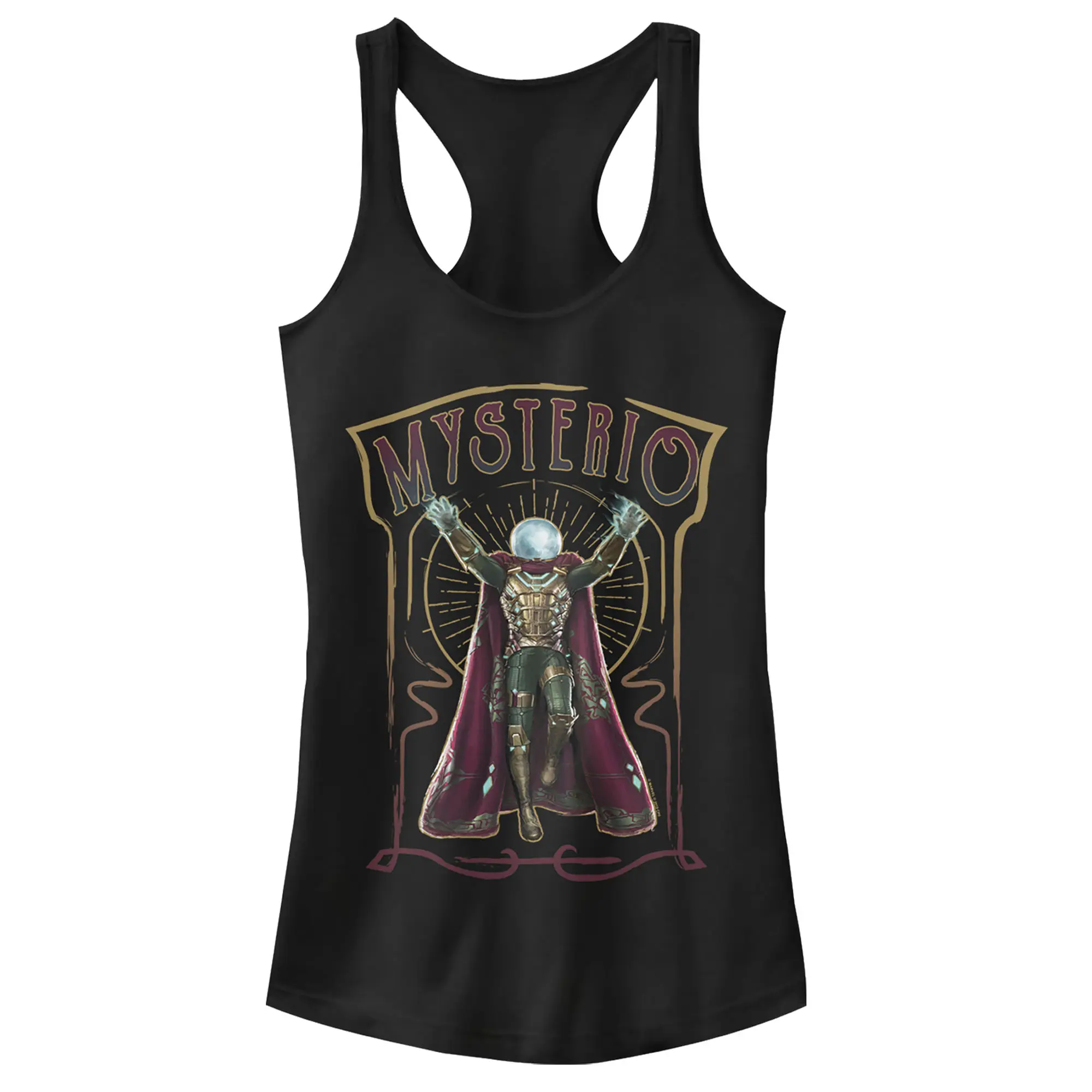 Juniors Womens Marvel Spider-Man: Far From Home Mysterio Card Racerback Tank Top