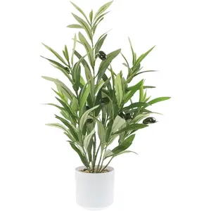 Artificial Olive Branches in Pot, Faux Greenery with White Pot,  Potted Green  Olive Stems Tables Centerpiece for Desk Shelf Cabinet Bedroom Livingroom Kitchen Indoor  Decor