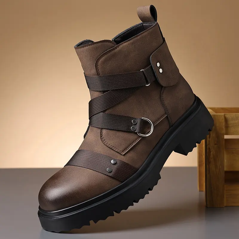 Men’s vintage brown platform motorcycle short boots, multi-buckle work boots, non-slip wear-resistant soles, street riding boots, casual commuting work boots