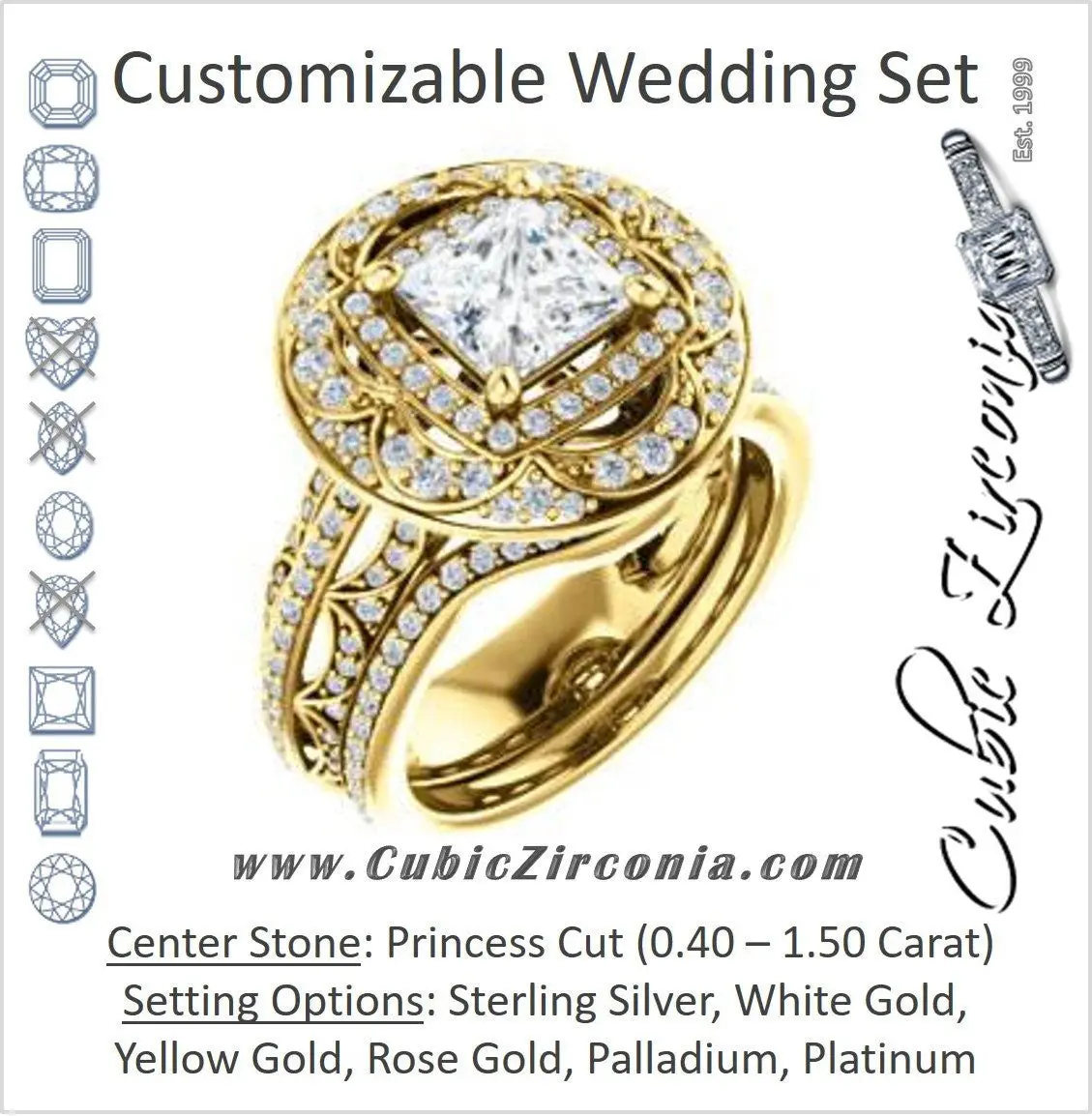 CZ Wedding Set, featuring The Violet engagement ring (Customizable Princess Cut 2x Halo Blossom Setting with Intricate Triple-Row Pavé Split Band)