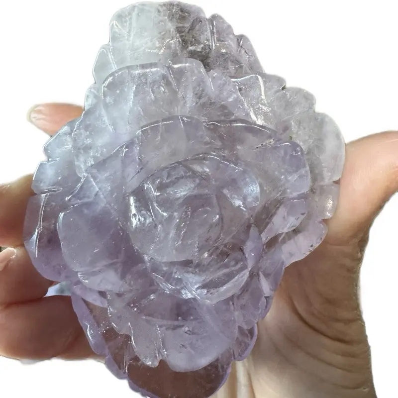 Lela's GemStoneZ Lavender Amethyst Flower Carving Hand Carved Crystal Bloom Soft Aura Calm Energy Natural Amethyst Lavender Grade Quartz Unique Design .26lbs with gold stand crystals for sale Crystal Decor energy protection