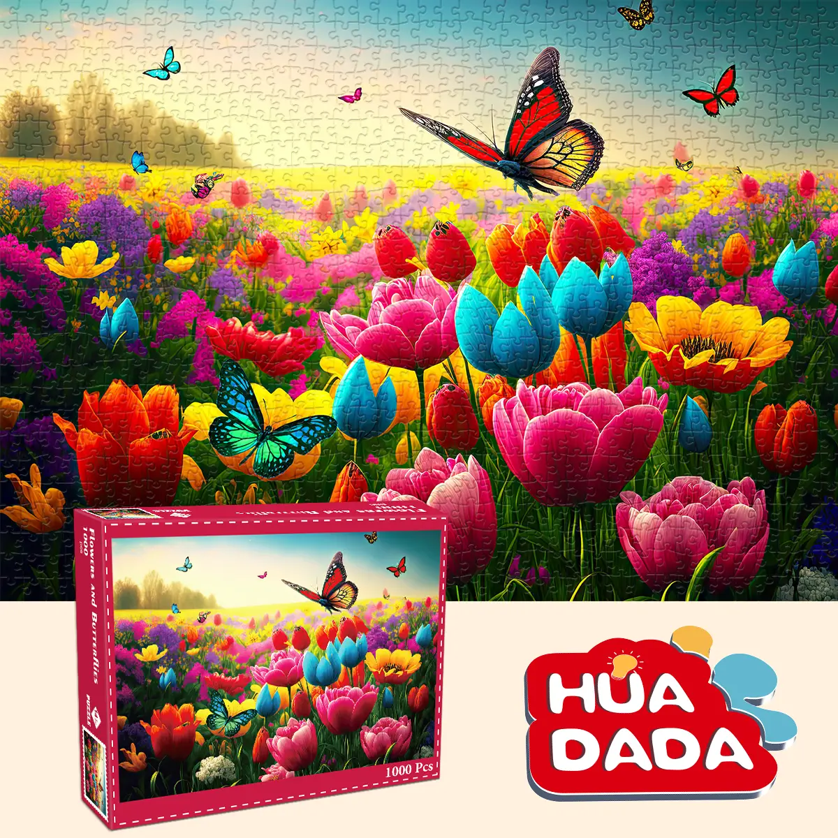 HUADADA 1000 Pieces Jigsaw Puzzles for Adult,Flowers and butterflies, Perfect Home Decorations for Holiday Vacations, Family Games, Grandparents Brain