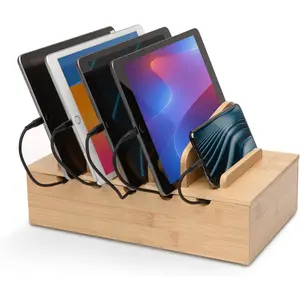 Wooden  Station Organizer - 5-Port Base for Phones, Tablets and Laptops - Multi-Device Docking Station with Removable Divider Slots - Cord Box with  Management -