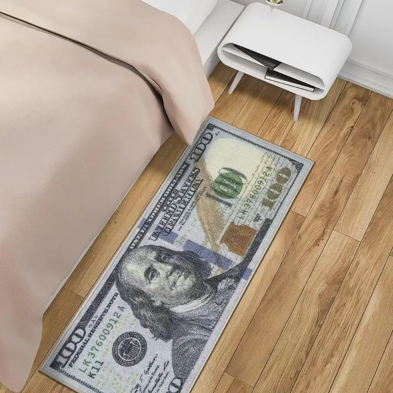[ON SALE] Washable $100 Bill Design Non-Slip Rubberback Modern Runner Rug for Hallway, Kitchen, Bedroom, Multicolor