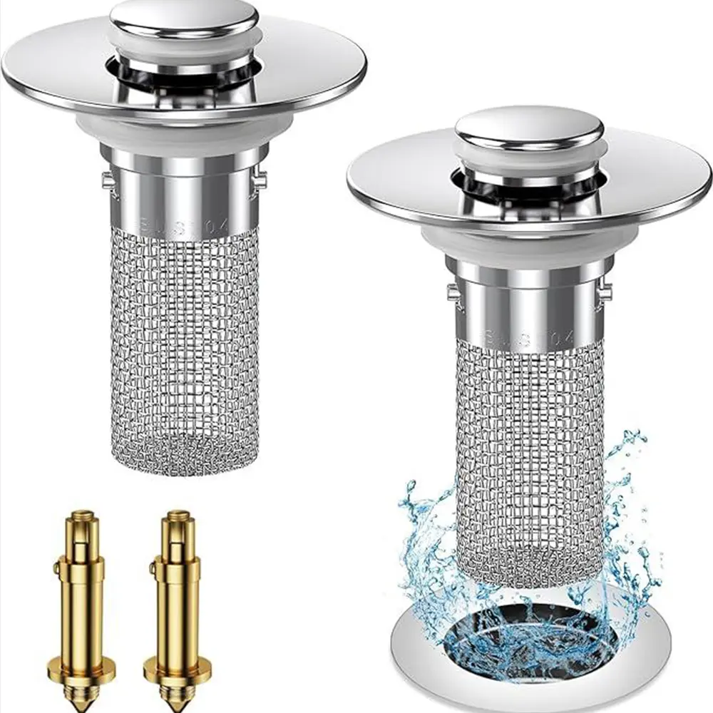 Pop-Up Sink Stopper with Hair Catcher Filter, Stainless Steel Anti-Clog Drain Basket, Universal Plug for Bathroom Sink and Bathtub