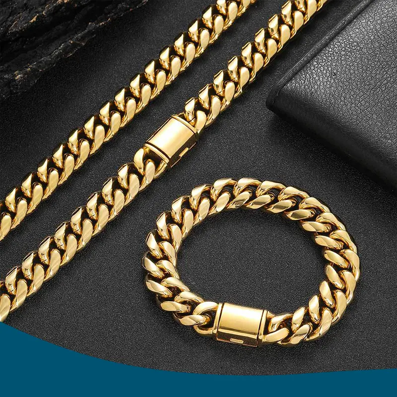 Men's 14MM Thick 18K Gold Cuban Link Chain Set - 18in No Pendant, Quick-Release Clasp, Chunky Miami Hip Hop Daily Casual Necklace & Bracelet, Gold Necklace, Chains