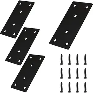 4 count Metal Flat Straight Brace Bracket, 4'' x 2'' (L x W) Stainless Steel Mending Plate, Joining Bracket  Connectors for Furniture Corner Braces with Screws (Black)