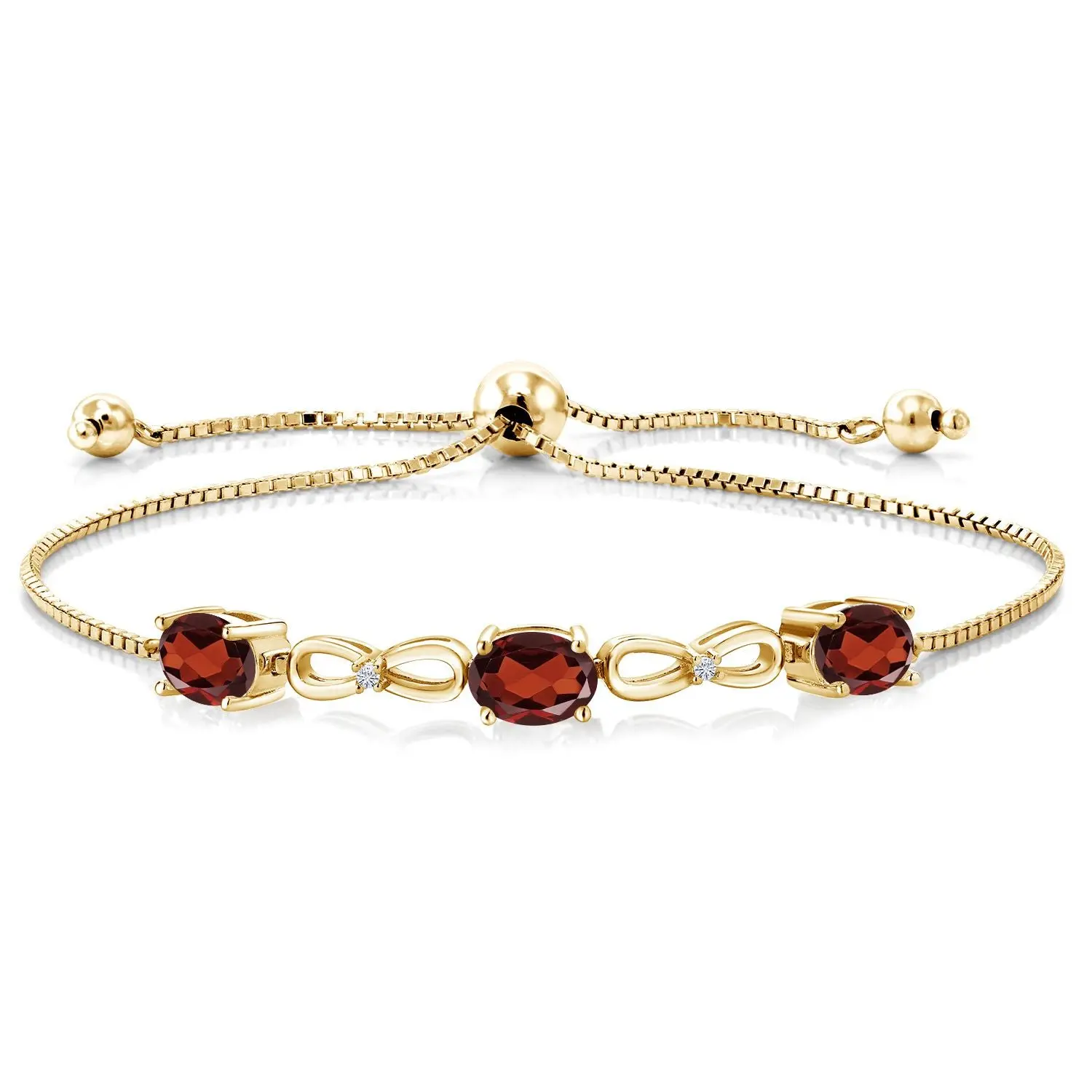 Infinity 3-Stone Bracelet for Women with Gemstone Birthstone and Lab Grown Diamond Accents | 18K Yellow Gold Plated Silver | Oval 7X5MM and Round 1.3MM | Fully Adjustable to 9 Inch