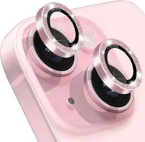 Compatible with  15 & 15 Plus Camera Lens Protector, Bling Glitter 9H Tempered Glass Camera Cover Anti Scratch Shockproof Screen Protector Individual Metal Lens Ring - 2 count Glitter