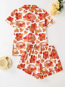 Strawberry Print Women Pajama Set, 2pcs Short Sleeve Button Top with Loose Shorts, Elegant Soft Loungewear for Home