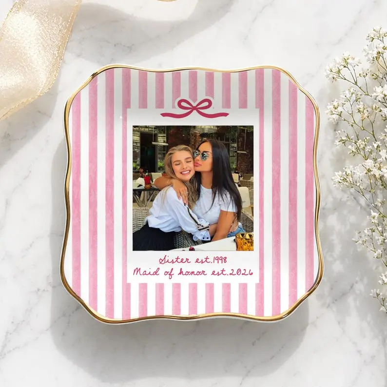 Personalised Bestie Photo Trinket Dish, Custom Jewelry Ring Dish, Ceramic Trinket Tray for Bestie, Bridesmaid Gift, Birthday Gift for Her