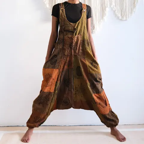Women's Patchwork Harem Overalls - Cotton Dungarees with Straps, 1-Piece Bohemian Prints, Earthy Color, Lightweight, Breathable, Adjustable Fit, Pockets, Comfortable Stylish Clothes for Women Plus Size Jumpsuit