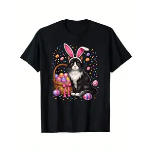 Humorous Easter-Themed Cat Design Featuring Bunny Ears And Eggs on a Graphic Tee - Adorable Spring Pastel Shades, Available in Unisex Adult And Youth Sizes, Made from 100% Heavyweight Fabric at 180Gsm, Plus Size