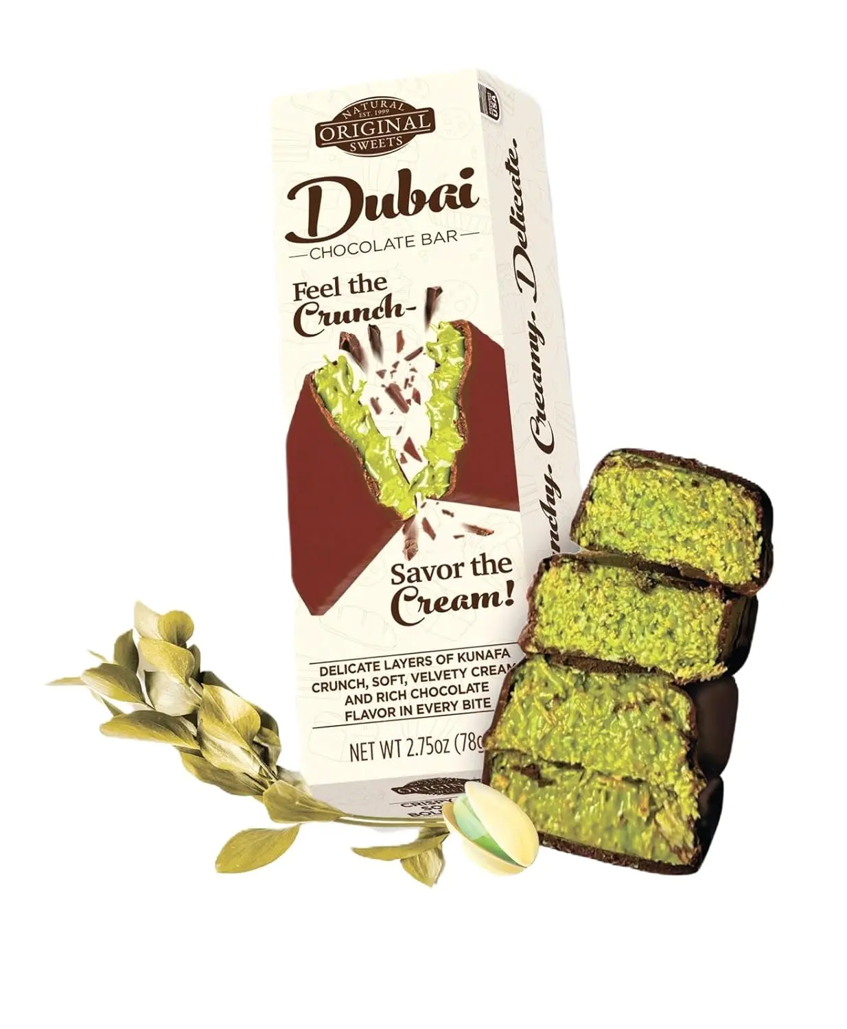 Original Natural Sweets - Dubai Milk Chocolate Bar Savor The Pistachio Cream Feel The Crunch 2.75 oz | Luxury Rich Chocolate, Delicate Layers of Kunafa, Crunch, Soft, Velvety Cream, Individually Wrapped Fresh, Premium Pistachio Cream Kunafa Filling