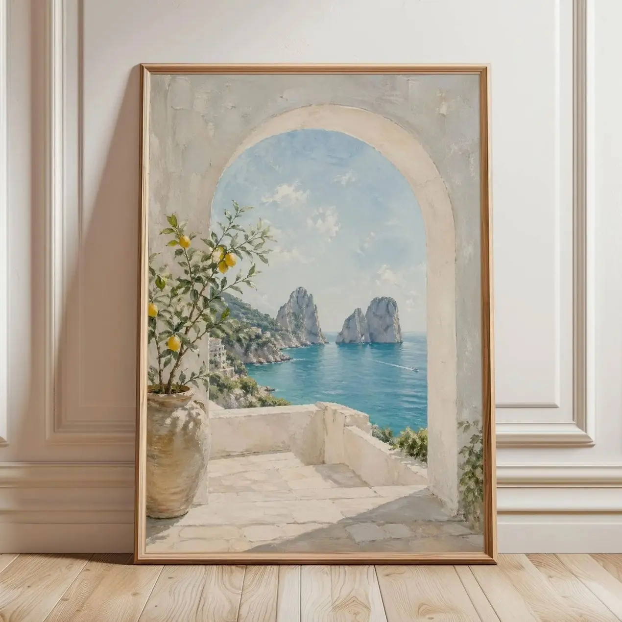 Capri Italy Wall Art, Amalfi Coast Lemon Tree Poster, Mediterranean Coastal Print, Italian Seascape Decor W