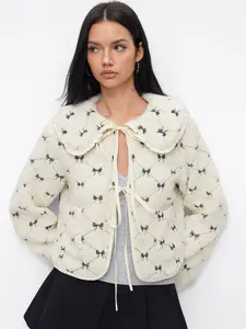 Cider Fleece Peter Pan Collar Bowknot Embroidery Tie Front Oversized Jacket