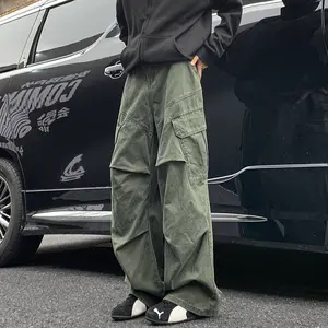 Men’s high-street, bad-boy cool streetwear brand loose straight-leg casual pants for spring/autumn; mustard-colored cargo “bent blade” workwear pants; pleated paratrooper-style pants; loose wide-leg casual trousers