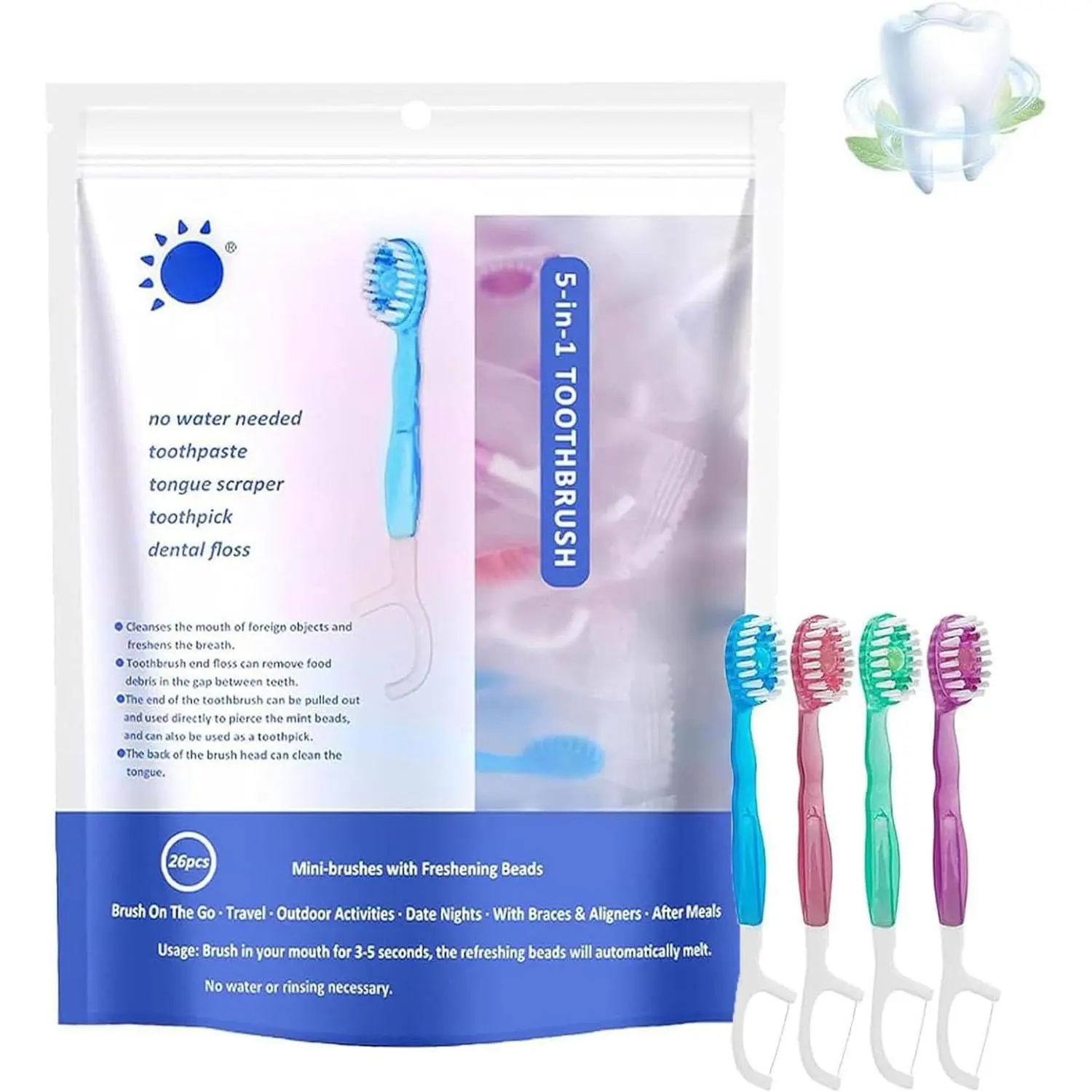 26 Pack Individually Wrapped Toothbrushes with Soft Bristles, 5-in-1 Credit-Card Sized Oral Care Kit with Antioxidant Gel, No Water Needed, Built-in Tongue Scraper & Floss Pick, Antibacterial, Disposable Packs