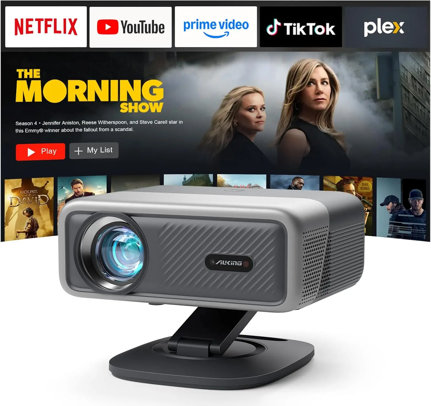 [Officially-Licensed APP & 2500 ANSI] 4K Projector with WiFi and Bluetooth,TOF Real-Time Auto Focus Smart Projector, AuKing Outdoor Movie Home Theater Proyector with Omni-Adjustable Stand(Grey)