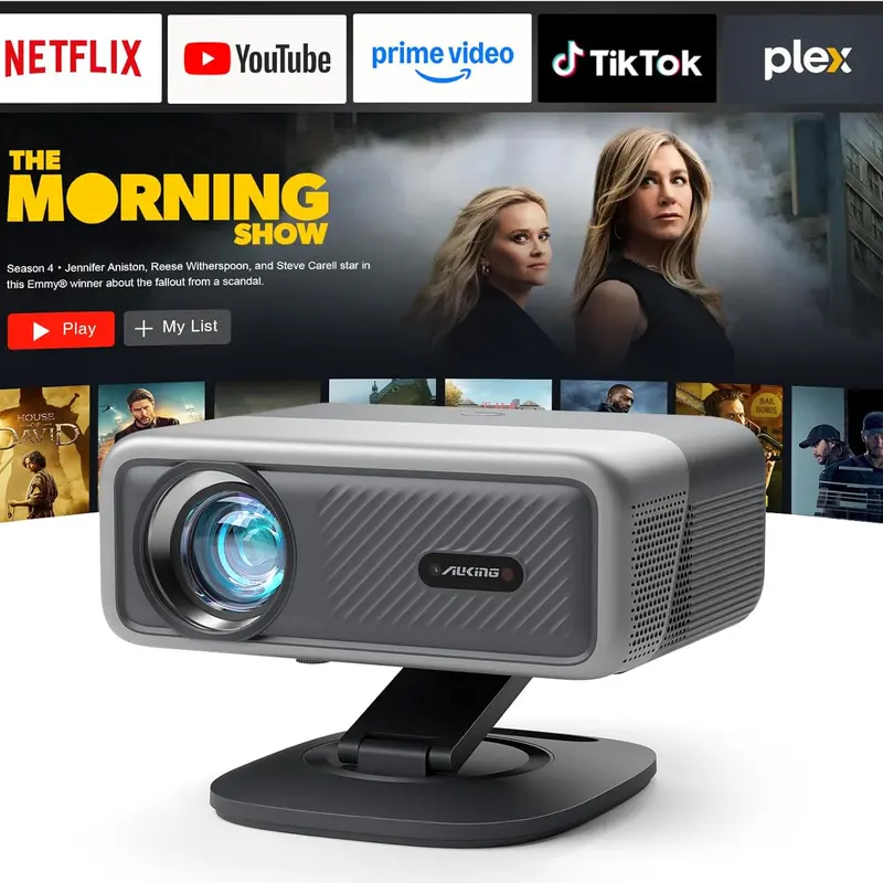 AuKing 4K Smart Projector (Grey) - Officially-Licensed APP, 2500ANSI, WiFi, Bluetooth, TOF Real-Time Auto Focus, Omni-Adjustable Stand, Port, Audio Device, Screen, USB for Outdoor Movies Home Theater, Back to School
