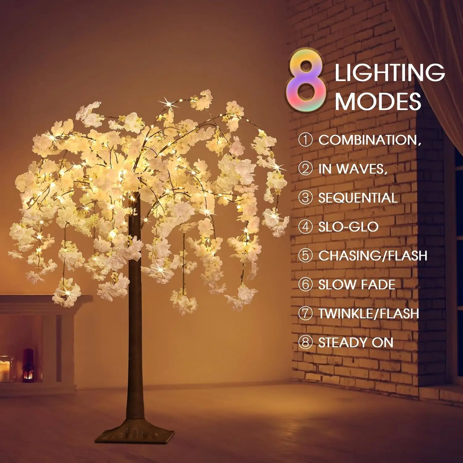 Warm Yellow Cherry Blossom Tree Lights, realistic lighted decorative trees in multiple styles for indoor home decor, weddings, parties, Christmas table settings, and elegant festive atmosphere.