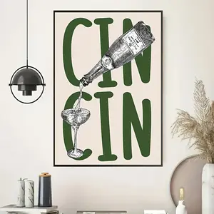 2D Flat, 1pc Frameless Vertical Canvas Wall Art - Vintage Modern Minimalist "CIN CIN" Champagne Celebration Poster, Green and Beige Text Design, Suitable for Bedroom, Living Room, Home Office Decor, Aesthetic Room Artwork, Dining Room Decoration