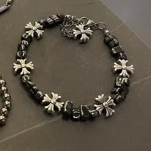 Silver-plated cross flower spliced bracelet for men, high-end feel, couple's accessory, vintage versatile niche hip-hop jewelry, new product