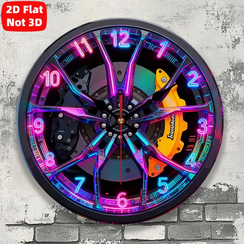 2D Flat, 1pc. Car Wheel Hub Themed Wall Clock, Brake Caliper Wheel Hub - Shaped Wall Clock, Silent Decorative Clock, Creative Wall Clock, Fashion Wall Clock, Battery Operated Wall Clock, Home Decor, 25/30cm (without AA Batteries)