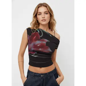 Cider Mesh Asymmetrical Neck Floral Ruched Top SwimWeek SummerWins