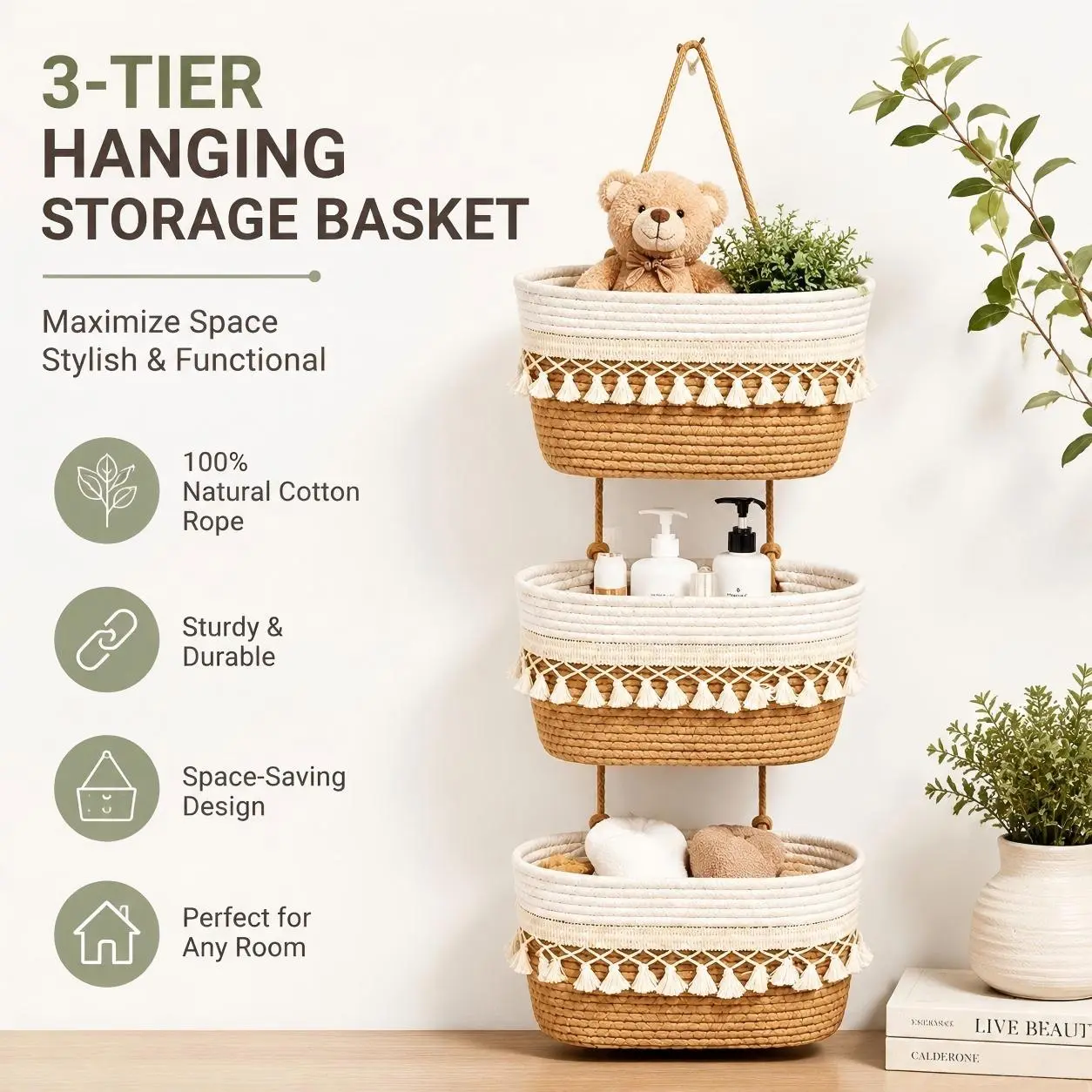 3-Tier Hanging Woven Storage Basket with Hook - Boho Style Macrame Organizer, 13 in Damage-Free Wall Mount/Over-The-Door Holder for Small Bathroom, Apartment Dorm Room Small Space Organization
