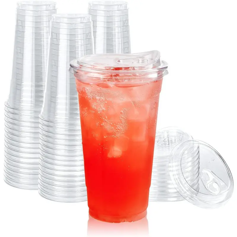 [60 PACK] 24 oz Clear Plastic Cups With Strawless Sip Through Lids, Disposable, for Ice Coffee, Smoothie, or Any Cold Drinks