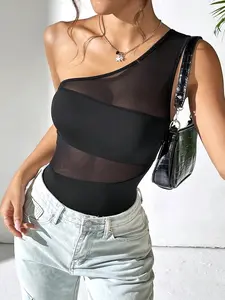 Trendy One-Shoulder Mesh Patchwork Bodysuit, Women's Sexy Sheer Sleeveless Tight Fit Top, High Split Nightclub Streetwear, Y2K Fashion Party Essential