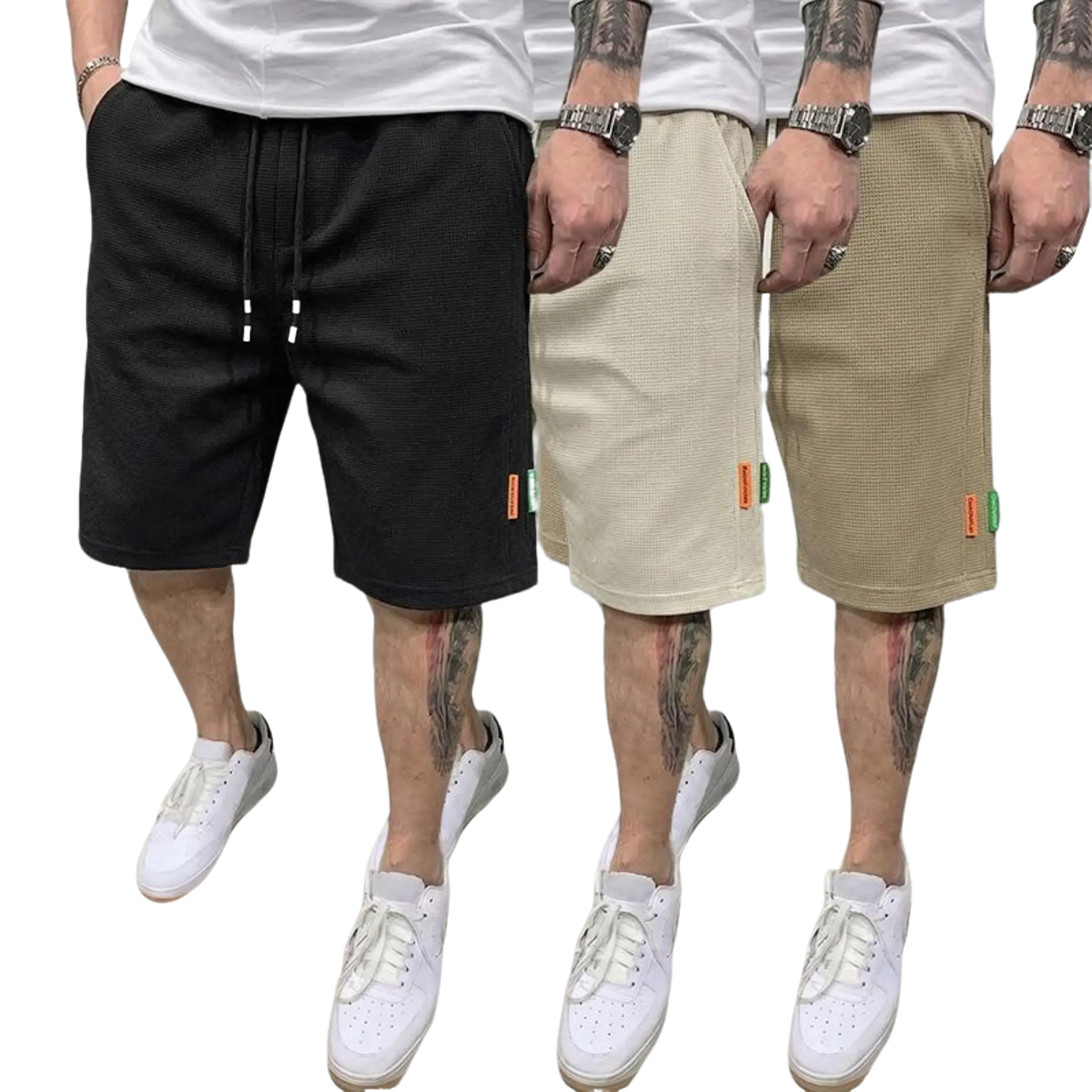 Men’s 3-Pack Summer Casual Baggy Drawstring Classic Athletic Shorts - Black/Cream White/Brown, Plain, Breathable, American Streetwear Outfits, Mid-Thigh Loose Fit for Daily Life & Work, Gift-Worthy Loungewear with Pockets