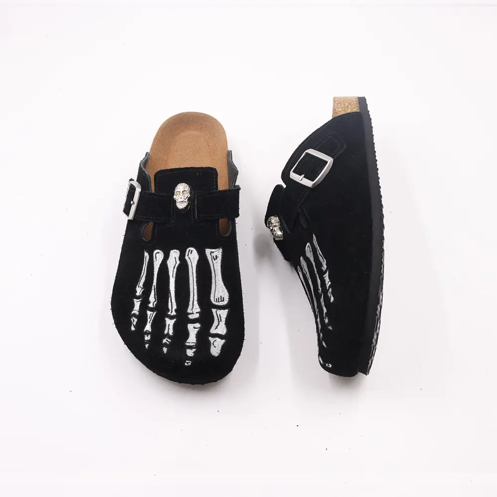 Men's Gothic Skeleton Bone Suede Clogs | Punk Skull Metal Buckle Mules for Men